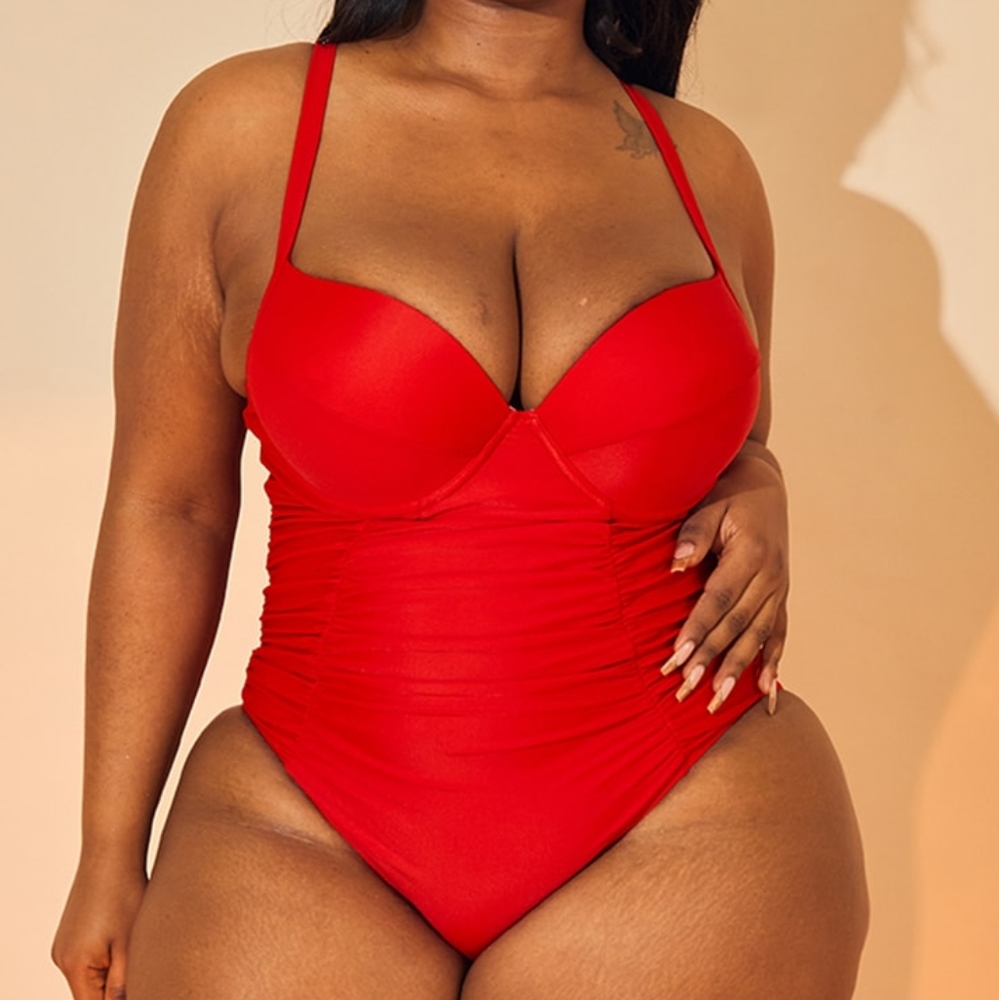 NWT PLT Plus Red Ruched Cupped Swimsuit One Piece Bathing Suit